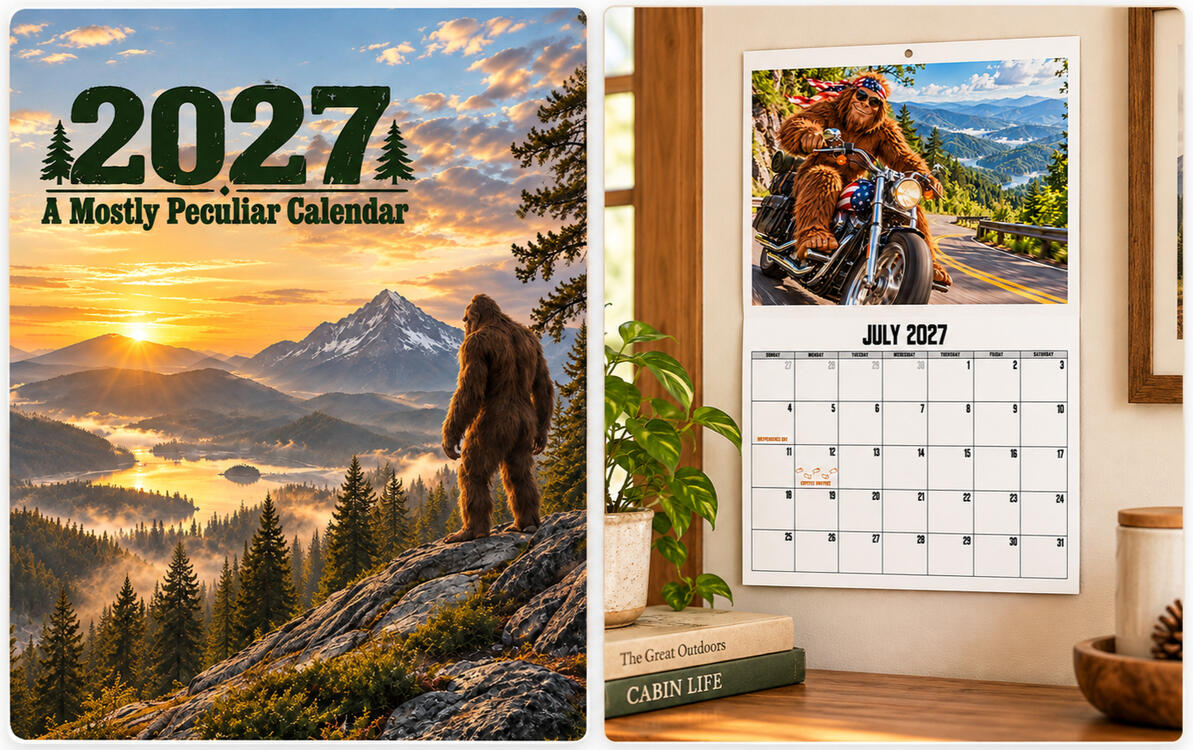 2027 Mostly Peculiar Bigfoot Calendar 2027 Mostly Peculiar Bigfoot wall calendar cover and hanging calendar mockup